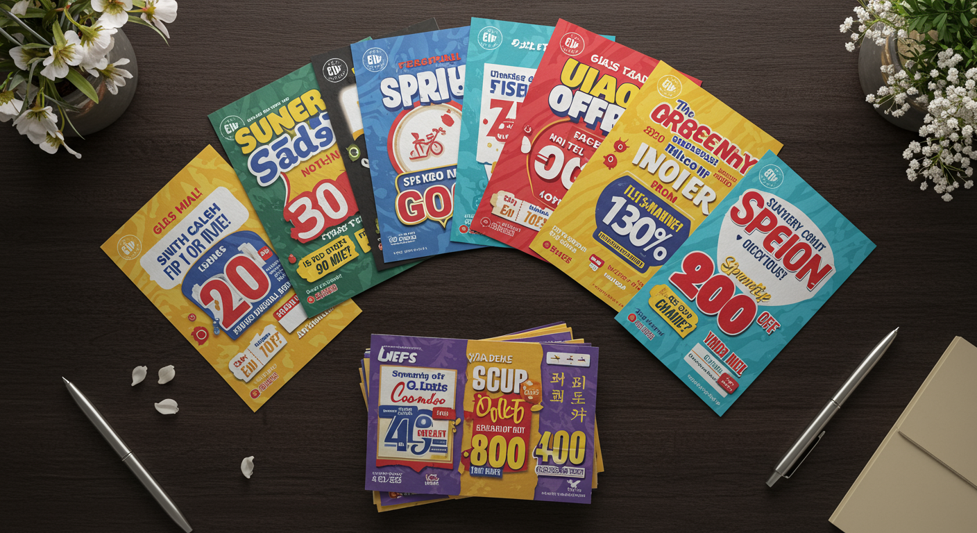 Colorful direct mail postcards showcasing various designs